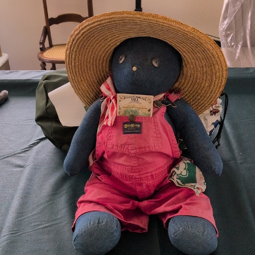 handmade bear dressed  Denim in faded red Overalls with Straw Hat